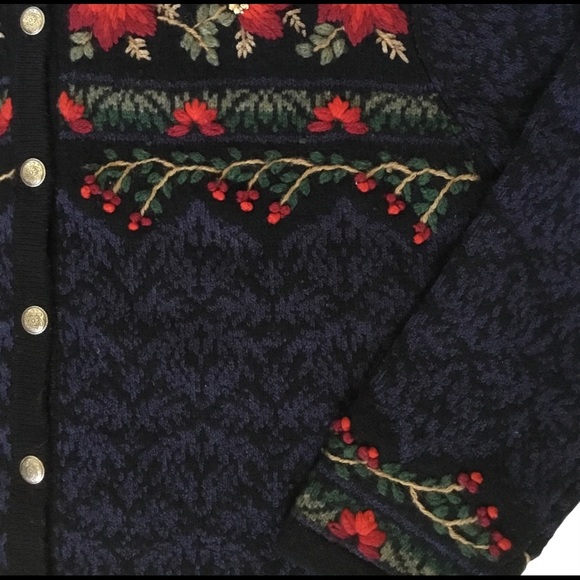 𝅺Talbots Holiday Lambswool Blend Holiday Cardigan Sweater Navy. Sz. MP - Picture 3 of 7